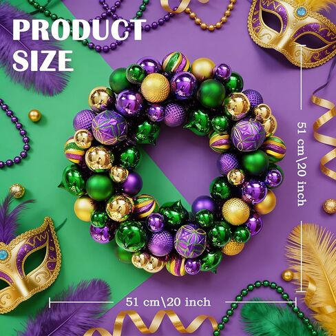 idyllic Mardi Gras Ball Wreath, Wreath with Purple Green Golden Ball, Decoration for Indoor Outdoor Carnival Front Door Mardi Gras Party in Saudi Arabia