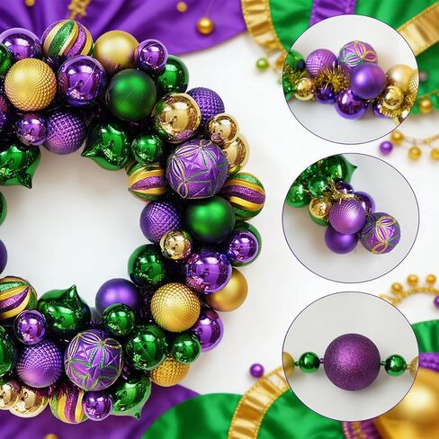 idyllic Mardi Gras Ball Wreath, Wreath with Purple Green Golden Ball, Decoration for Indoor Outdoor Carnival Front Door Mardi Gras Party in Saudi Arabia