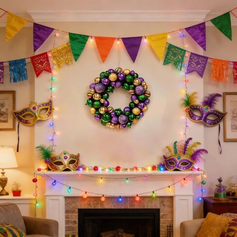 idyllic Mardi Gras Ball Wreath, Wreath with Purple Green Golden Ball, Decoration for Indoor Outdoor Carnival Front Door Mardi Gras Party in Saudi Arabia