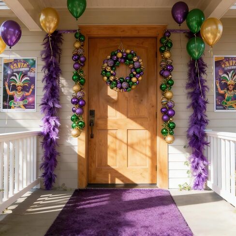 idyllic Mardi Gras Ball Wreath, Wreath with Purple Green Golden Ball, Decoration for Indoor Outdoor Carnival Front Door Mardi Gras Party in Saudi Arabia