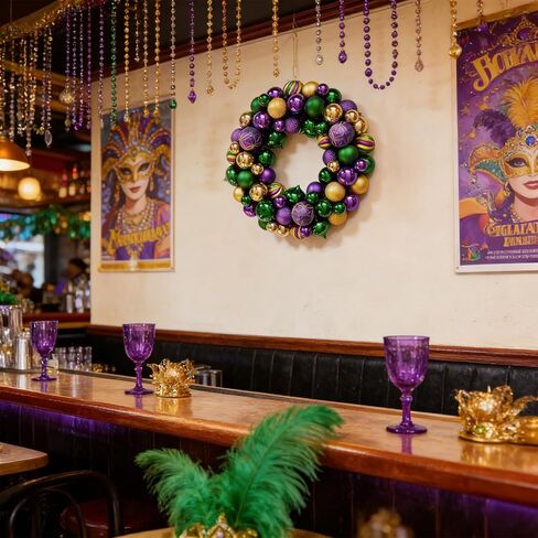 idyllic Mardi Gras Ball Wreath, Wreath with Purple Green Golden Ball, Decoration for Indoor Outdoor Carnival Front Door Mardi Gras Party in Saudi Arabia
