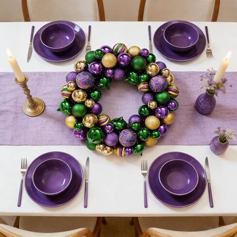 idyllic Mardi Gras Ball Wreath, Wreath with Purple Green Golden Ball, Decoration for Indoor Outdoor Carnival Front Door Mardi Gras Party in Saudi Arabia
