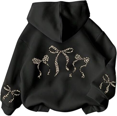 Girl's Bow Leopard Hoodies Cheetah Graphic Long Sleeve Pullover Tops Preppy Cute Sweatshirts Hoodies in Saudi Arabia
