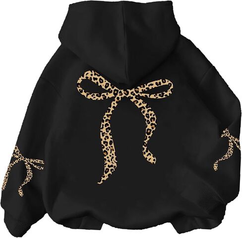 Girl's Bow Leopard Hoodies Cheetah Graphic Long Sleeve Pullover Tops Preppy Cute Sweatshirts Hoodies in Saudi Arabia