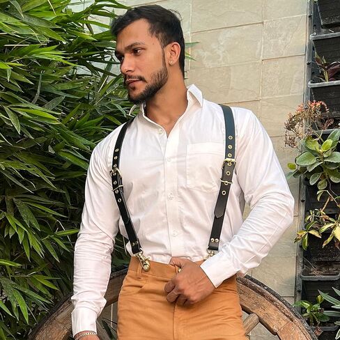 Hulara Full Grain Buff Leather Suspenders For Men/Women Adjustable Back Y Design Dress Suspenders For Men Black Leather Suspenders For Men/Grooms/Wedding/Gift Mens Suspenders in Saudi Arabia