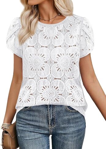 OFEEFAN Blouses for Women Dressy Casual Petal Short Sleeve Shirts Crochet Lace Boho Tops Spring Fashion Summer Outfits in Saudi Arabia