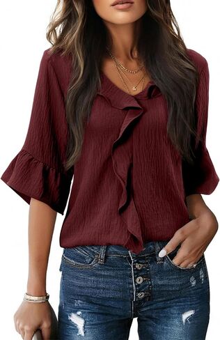 siliteelon Womens Blouses Dressy Casual 3/4 Sleeve Ruffle Bell Top Ladies Business Formal Work Shirt Spring Trendy 2026 in Kuwait
