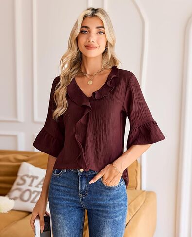 siliteelon Womens Blouses Dressy Casual 3/4 Sleeve Ruffle Bell Top Ladies Business Formal Work Shirt Spring Trendy 2026 in Kuwait