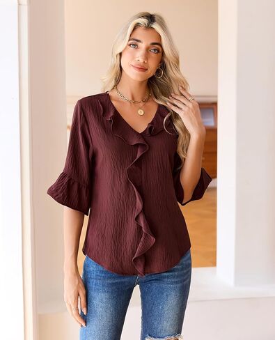 siliteelon Womens Blouses Dressy Casual 3/4 Sleeve Ruffle Bell Top Ladies Business Formal Work Shirt Spring Trendy 2026 in Kuwait
