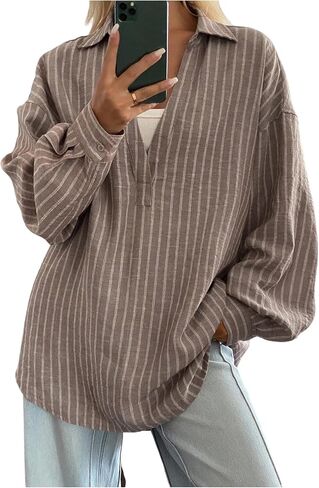 SOLY HUX Women's Striped Long Sleeve Shirt Collared V Neck Oversized Blouse Tops Fall Clothes in Kuwait