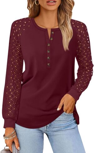 LILLUSORY Womens Lace Long Sleeve Shirts Henley Tops Business Casual Blouses in Saudi Arabia