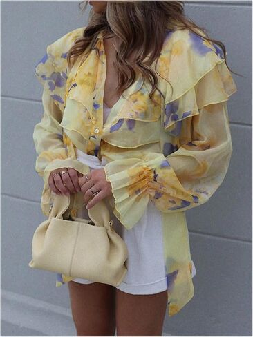 GORGLITTER Women's Floral Ruffle Mesh Sheer Blouse Tie Neck Puff Sleeve Button Up Fall Shirts in Saudi Arabia