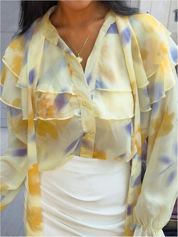 GORGLITTER Women's Floral Ruffle Mesh Sheer Blouse Tie Neck Puff Sleeve Button Up Fall Shirts in Saudi Arabia