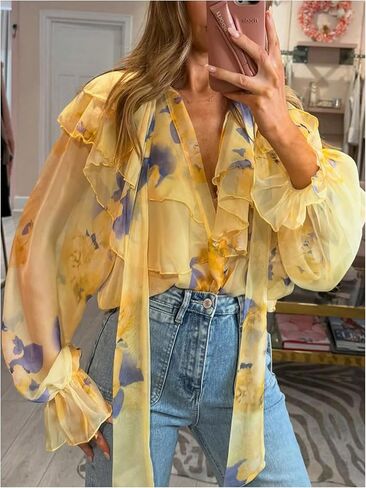 GORGLITTER Women's Floral Ruffle Mesh Sheer Blouse Tie Neck Puff Sleeve Button Up Fall Shirts in Saudi Arabia