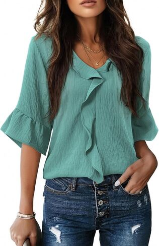 siliteelon Womens Blouses Dressy Casual 3/4 Sleeve Ruffle Bell Top Ladies Business Formal Work Shirt Spring Trendy 2026 in Kuwait