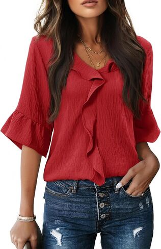siliteelon Womens Blouses Dressy Casual 3/4 Sleeve Ruffle Bell Top Ladies Business Formal Work Shirt Spring Trendy 2026 in Kuwait