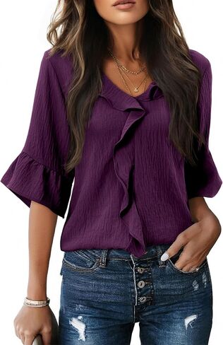 siliteelon Womens Blouses Dressy Casual 3/4 Sleeve Ruffle Bell Top Ladies Business Formal Work Shirt Spring Trendy 2026 in Kuwait