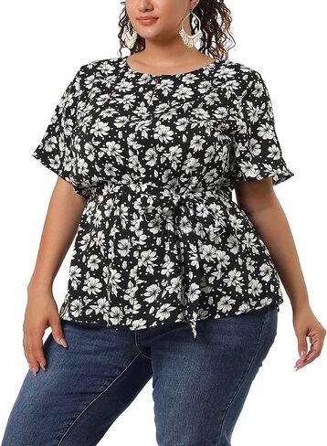 Agnes Orinda Women's Plus Size 2023 Summer Tops Short Sleeve Tie Waist Floral Print Blouse Peplum Top in Saudi Arabia