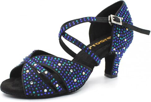 حذاء رقص أزرق للنساء، حذاء رقص السالسا اللاتيني بكعب قطط لامع مع أحجار الراين، للسهرات/الزفاف/الحفلات in Kuwait