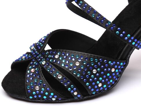 Blue Dance Shoes for Women,Glitter Satin Kitten Heel Salsa Latin Swing Ballroom Shoes with Rhinestones,for Evening/Wedding/Party in Saudi Arabia