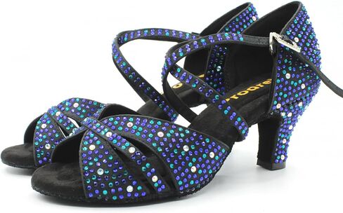 Blue Dance Shoes for Women,Glitter Satin Kitten Heel Salsa Latin Swing Ballroom Shoes with Rhinestones,for Evening/Wedding/Party in Saudi Arabia