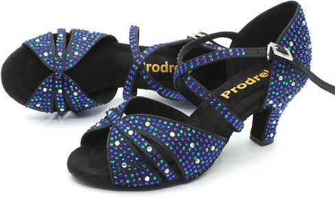 Blue Dance Shoes for Women,Glitter Satin Kitten Heel Salsa Latin Swing Ballroom Shoes with Rhinestones,for Evening/Wedding/Party in Saudi Arabia