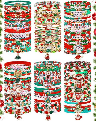150 Pcs 100, 150, 200 Pcs Christmas Bracelets for Women Christmas Friendship Bracelets Bulk Stackable Beaded Stretch Bracelet Charm Jewelry Gift for Party Favors Supplies (Christmas-c) in Kuwait