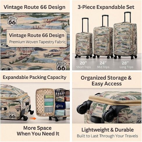 Karriage-Mate Route 66 Vintage 3-Piece Expandable Luggage Set - 20"/24"/28" Softside Suitcase with Spinner Wheels, 3 Pcs Hardside Lightweight luggage, Large Checked Travel Suitcases (66) in Saudi Arabia