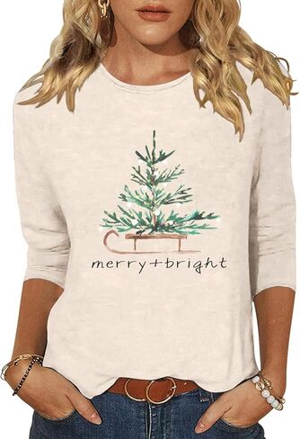 المرأة عيد ميلاد سعيد شجرة Crewneck قميص مضحك شجرة عيد الميلاد الرسم 3/4 كم المحملة الشتاء عطلة الأسرة حزب مطابقة قمم in Kuwait