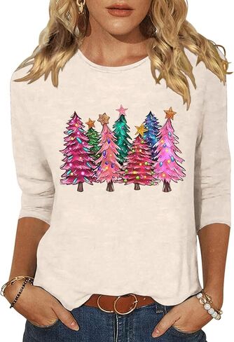 المرأة عيد ميلاد سعيد شجرة Crewneck قميص مضحك شجرة عيد الميلاد الرسم 3/4 كم المحملة الشتاء عطلة الأسرة حزب مطابقة قمم in Kuwait