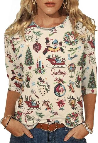المرأة عيد ميلاد سعيد شجرة Crewneck قميص مضحك شجرة عيد الميلاد الرسم 3/4 كم المحملة الشتاء عطلة الأسرة حزب مطابقة قمم in Kuwait