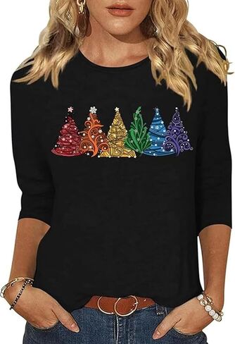 المرأة عيد ميلاد سعيد شجرة Crewneck قميص مضحك شجرة عيد الميلاد الرسم 3/4 كم المحملة الشتاء عطلة الأسرة حزب مطابقة قمم in Kuwait