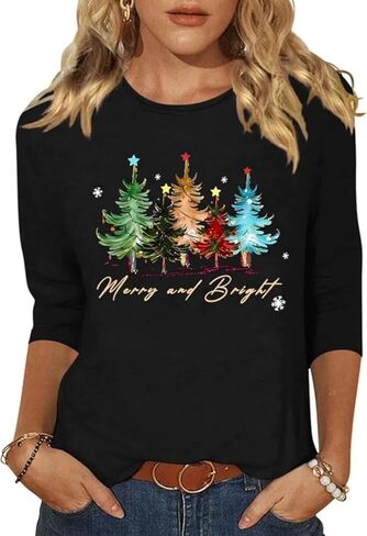المرأة عيد ميلاد سعيد شجرة Crewneck قميص مضحك شجرة عيد الميلاد الرسم 3/4 كم المحملة الشتاء عطلة الأسرة حزب مطابقة قمم in Kuwait