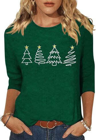 المرأة عيد ميلاد سعيد شجرة Crewneck قميص مضحك شجرة عيد الميلاد الرسم 3/4 كم المحملة الشتاء عطلة الأسرة حزب مطابقة قمم in Kuwait