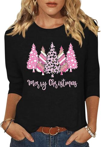المرأة عيد ميلاد سعيد شجرة Crewneck قميص مضحك شجرة عيد الميلاد الرسم 3/4 كم المحملة الشتاء عطلة الأسرة حزب مطابقة قمم in Kuwait