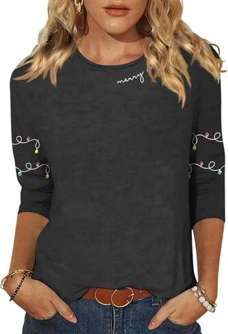المرأة عيد ميلاد سعيد شجرة Crewneck قميص مضحك شجرة عيد الميلاد الرسم 3/4 كم المحملة الشتاء عطلة الأسرة حزب مطابقة قمم in Kuwait