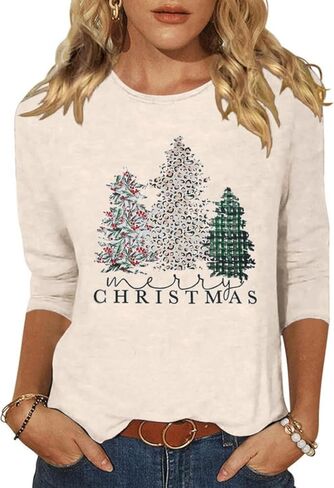 المرأة عيد ميلاد سعيد شجرة Crewneck قميص مضحك شجرة عيد الميلاد الرسم 3/4 كم المحملة الشتاء عطلة الأسرة حزب مطابقة قمم in Kuwait