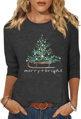 المرأة عيد ميلاد سعيد شجرة Crewneck قميص مضحك شجرة عيد الميلاد الرسم 3/4 كم المحملة الشتاء عطلة الأسرة حزب مطابقة قمم in Kuwait