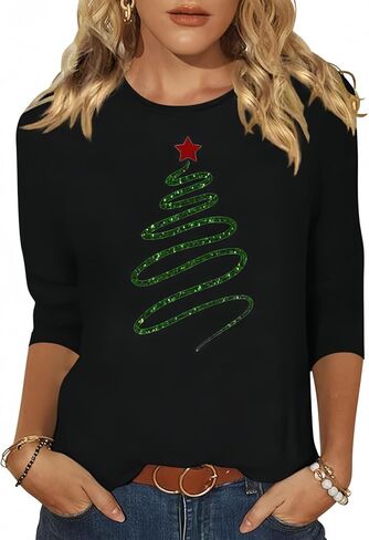 المرأة عيد ميلاد سعيد شجرة Crewneck قميص مضحك شجرة عيد الميلاد الرسم 3/4 كم المحملة الشتاء عطلة الأسرة حزب مطابقة قمم in Kuwait