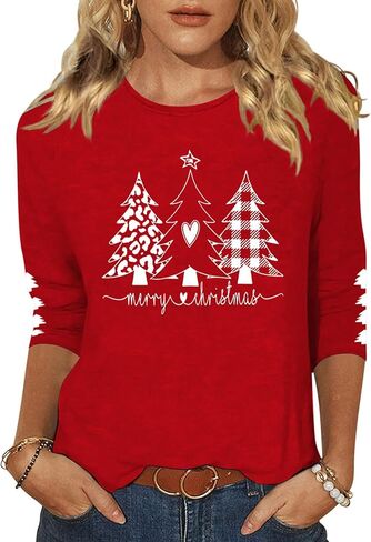 المرأة عيد ميلاد سعيد شجرة Crewneck قميص مضحك شجرة عيد الميلاد الرسم 3/4 كم المحملة الشتاء عطلة الأسرة حزب مطابقة قمم in Kuwait