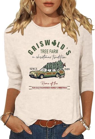 المرأة عيد ميلاد سعيد شجرة Crewneck قميص مضحك شجرة عيد الميلاد الرسم 3/4 كم المحملة الشتاء عطلة الأسرة حزب مطابقة قمم in Kuwait