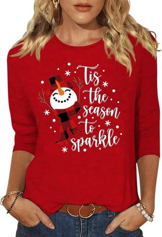 المرأة عيد ميلاد سعيد شجرة Crewneck قميص مضحك شجرة عيد الميلاد الرسم 3/4 كم المحملة الشتاء عطلة الأسرة حزب مطابقة قمم in Kuwait