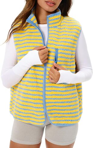 Gacaky Women's Striped Vest Winter Warm Cropped Stand Collar Full Zip Sleeveless Fleece Jacket Zip Gilet Fashion Trendy Tops in Saudi Arabia