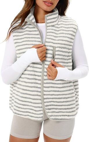 Gacaky Women's Striped Vest Winter Warm Cropped Stand Collar Full Zip Sleeveless Fleece Jacket Zip Gilet Fashion Trendy Tops in Saudi Arabia