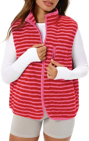 Gacaky Women's Striped Vest Winter Warm Cropped Stand Collar Full Zip Sleeveless Fleece Jacket Zip Gilet Fashion Trendy Tops in Saudi Arabia