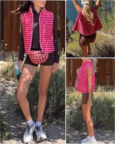 Gacaky Women's Striped Vest Winter Warm Cropped Stand Collar Full Zip Sleeveless Fleece Jacket Zip Gilet Fashion Trendy Tops in Saudi Arabia