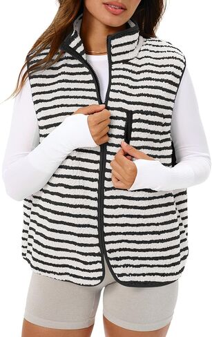 Gacaky Women's Striped Vest Winter Warm Cropped Stand Collar Full Zip Sleeveless Fleece Jacket Zip Gilet Fashion Trendy Tops in Saudi Arabia