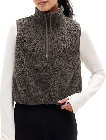 Songling Womens Fuzzy Fleece Vest High Neck Cropped Half Zip Up Warm Sherpa Vest Drawstring Pullover with Pockets in Saudi Arabia