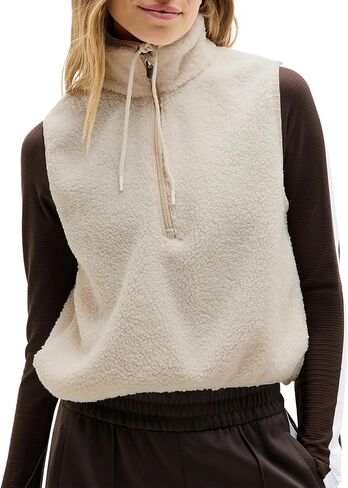 Songling Womens Fuzzy Fleece Vest High Neck Cropped Half Zip Up Warm Sherpa Vest Drawstring Pullover with Pockets in Saudi Arabia