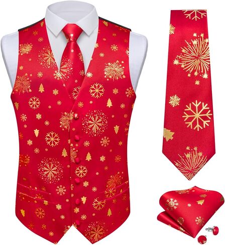DiBanGu Mens Christmas Suit Vest Red Snowflake Holiday Xmas Waistcoat Tie Pocket Square Cufflinks Festival Party Gifts L in Saudi Arabia